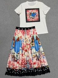 2024 women's summer new elegant round neck short sleeve Joker T-shirt two-piece+elastic waist big skirt fashion suit