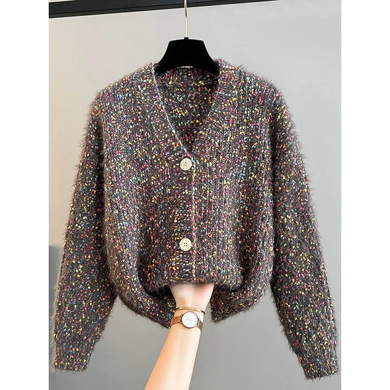 Women's Multicolor Speckled Knit Cardigan, Fluffy Cropped V-Neck Sweater with Buttons, Casual Loose-Fit Soft Knitwear