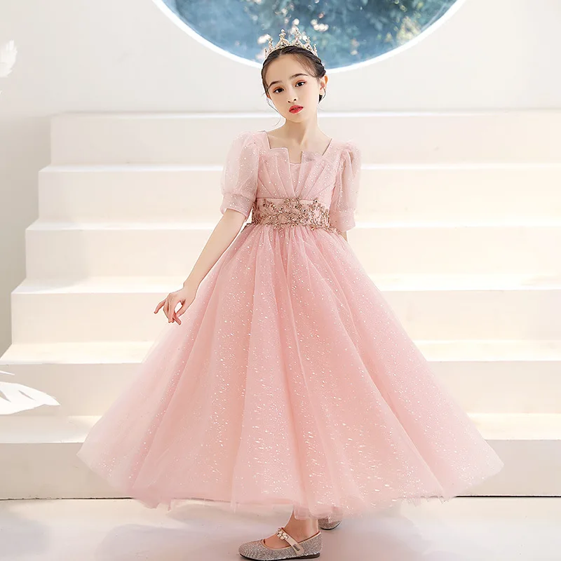 Flower Girl Dress Fluffy Gauze Princess Dress Children 2024 Summer Girl Pink Birthday Gift Dress