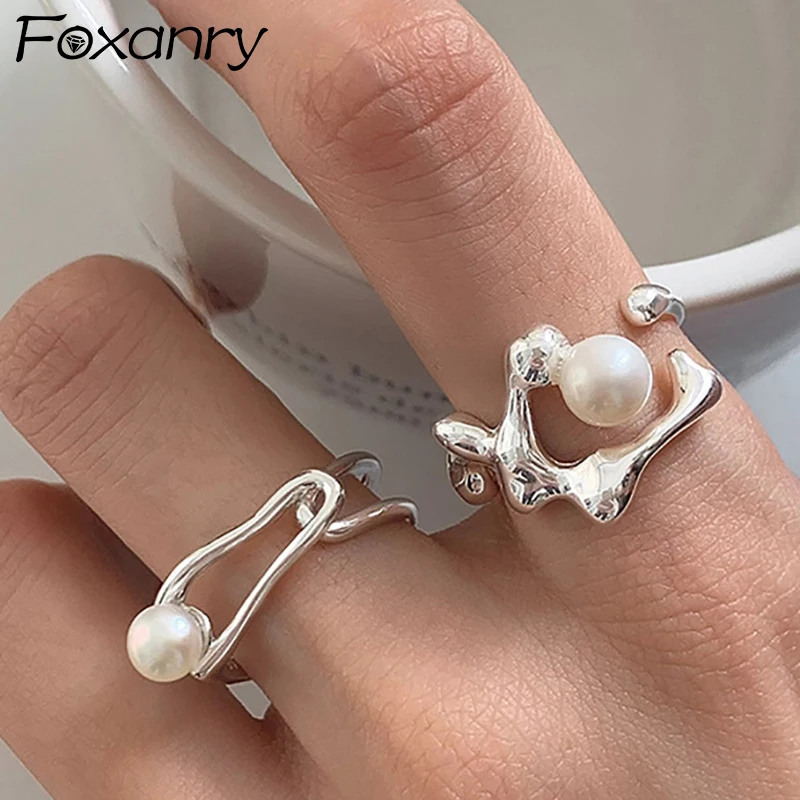 FOXANRY Pearl Couples Rings for Women Couples New Fashion Vintage Handmade Hollow Geometric Birthday Party Jewelry Gifts