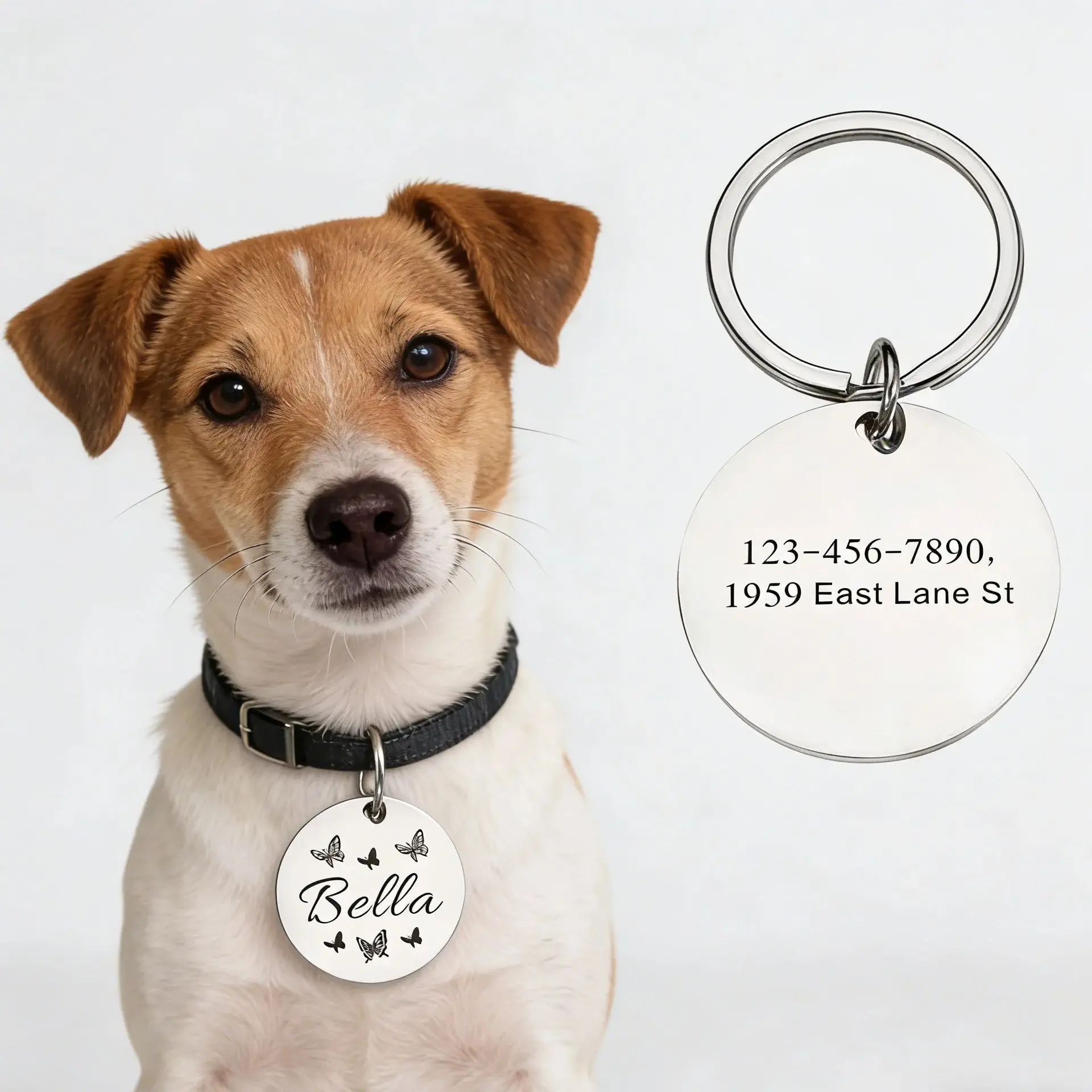 Customized dog nameplate, round stainless steel dog and cat collars with engraved text and numbers, ID tags, names, phone number