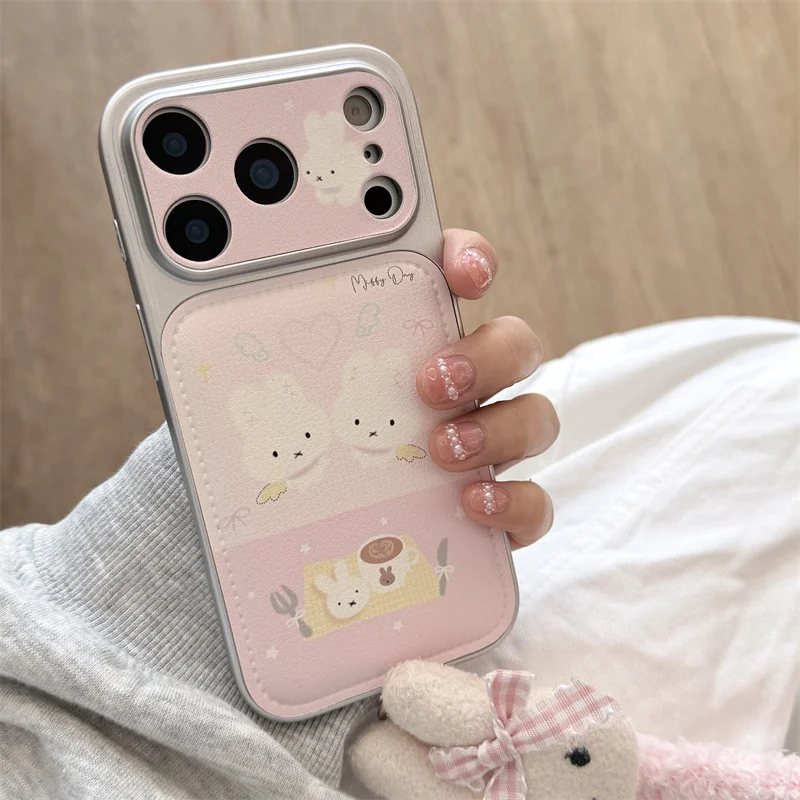 

Cute Miffy Kawaii Rabbit Phone Case for iPhone 17 16 15 14 13 Pro Max Fashion Leather concatenate pieced Anti Drop Back Cover