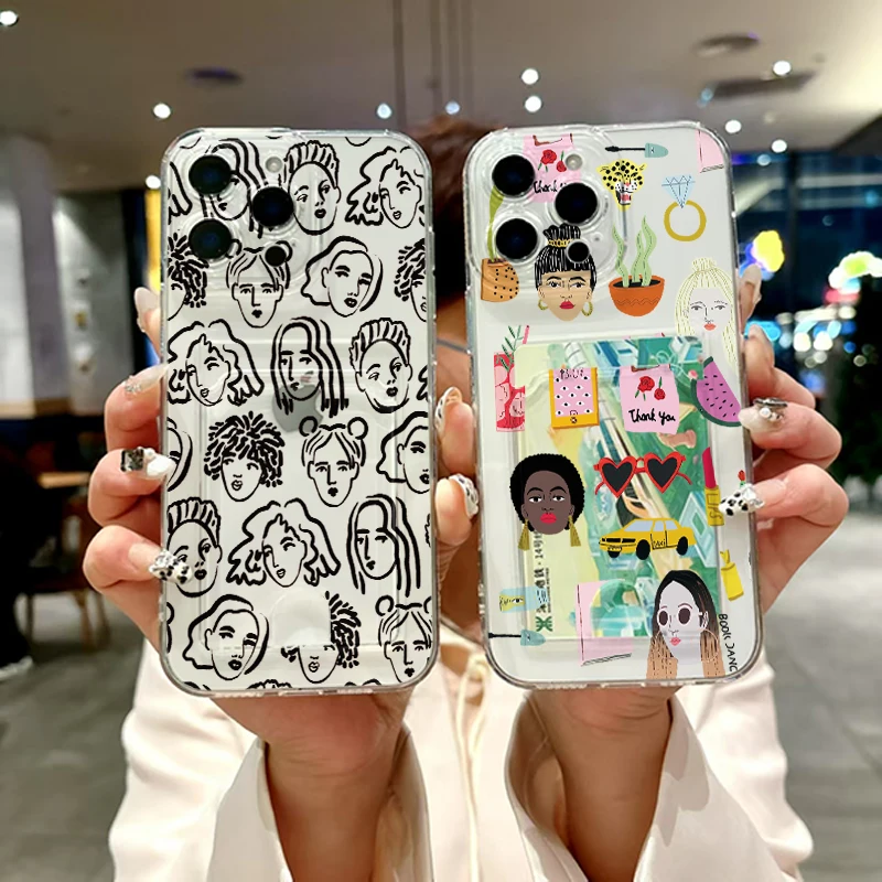 

Human Graffiti Crayon head Phone Case for iPhone 11 12 13 14 15 16 Pro Max Plus X XS XR Mini Ins Card pocket Cover
