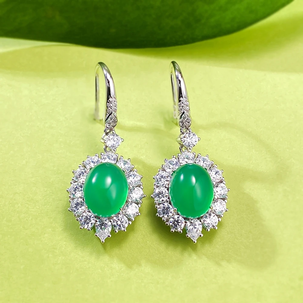 Vinregem 8*10 MM Oval Green Jade High Carbon Diamond Gemstone Vintage Drop Earrings for Women 100% 925 Sterling Silver Jewelry