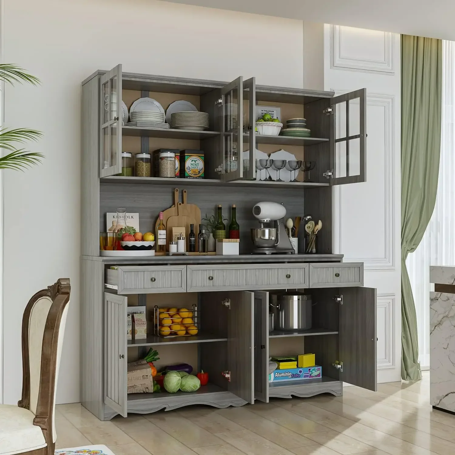 

#For for 75.9 Kitchen Pantry Cabinet with Glass Doors & Hutch, Large Wood Storage Cabinet with 8 Shelves & 3 Drawers