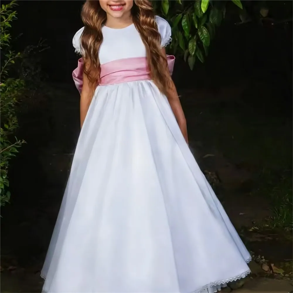 Customized Elegant Puff Sleeve Big Bow Flower Girl Wedding Dress Princess Birthday Party Dress Kids First Holy Communion Dress