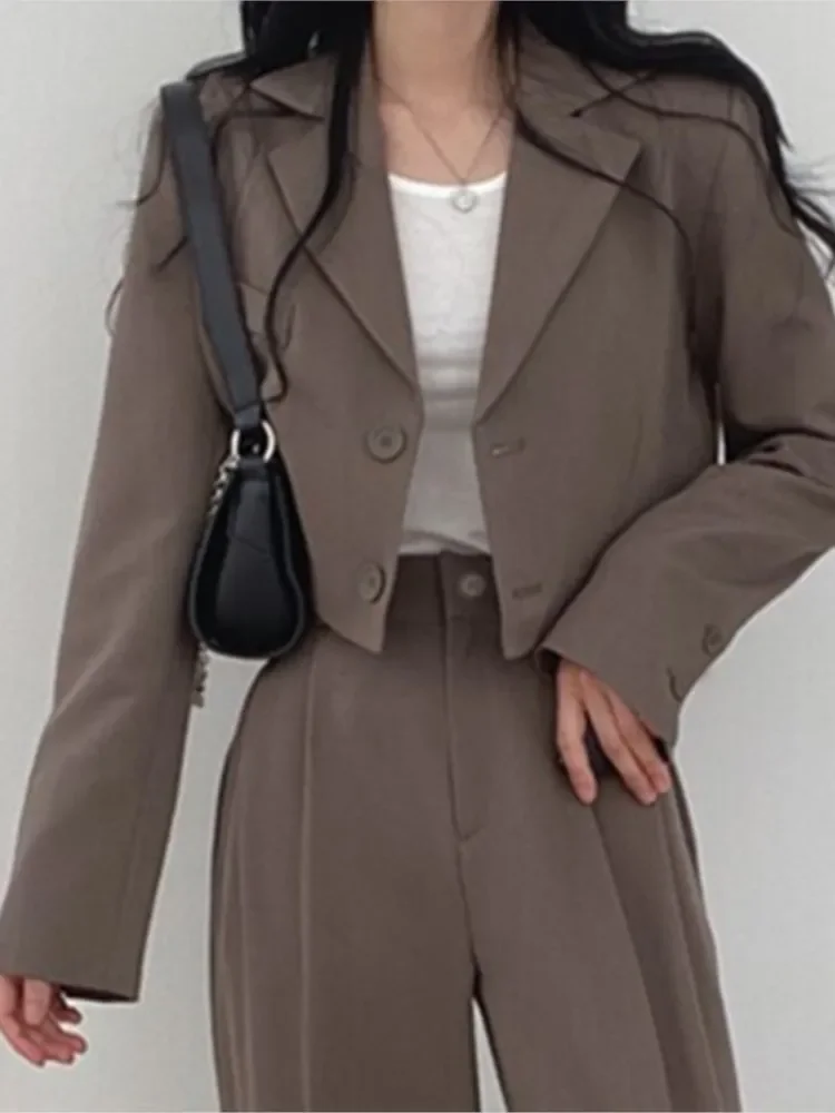 Women\'s Solid Casual Suits Blazer Jacket Wide Leg High Waist Pants Office Lady Autumn Spring Crop Tops Coats Two Piece Sets