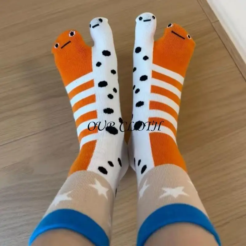 2 Pairs Quirky Toe Division Middle Calf Socks Elastic Cuffs Design Funny Fish Graphics Home & Office Use Ankle Socks Y1AC
