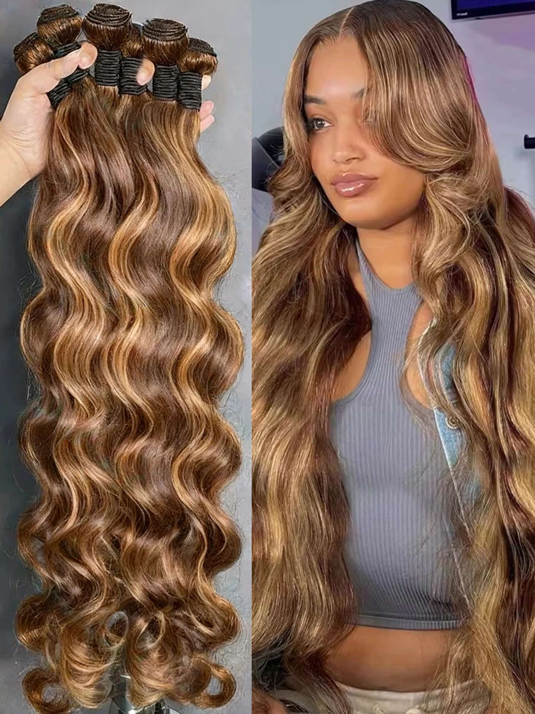 

100% бразильские наращивания человеческих волос # 4/27 Объемная волна Цветной медовый блондин Выделите естественное плетение 3/4 Пучки для женщин