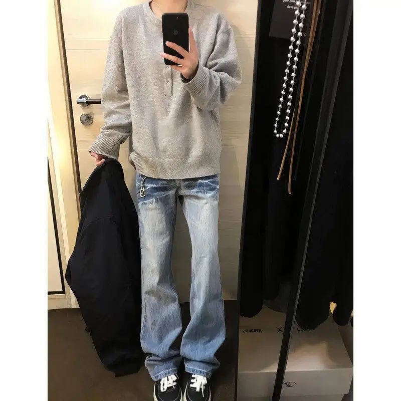 

Cleanfit Голубые мужские прямые джинсы с высокой талией High Street American Sle Утягивающие длинные брюки Bell Bot