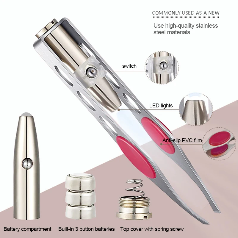 1pc led pinça de sobrancelha ponta oblíqua aço inoxidável sobrancelha aparar clipe olho remoção do cabelo ameixa cílios postiços braçadeira ferramenta de maquiagem