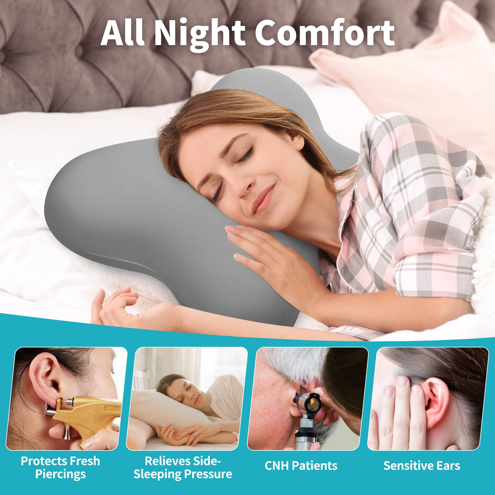 Ear Piercing Memory Foam Pillow Adjustable 2‑Height Ergonomic Side Sleeper Pillow Ear Pain Relief Washable Cover