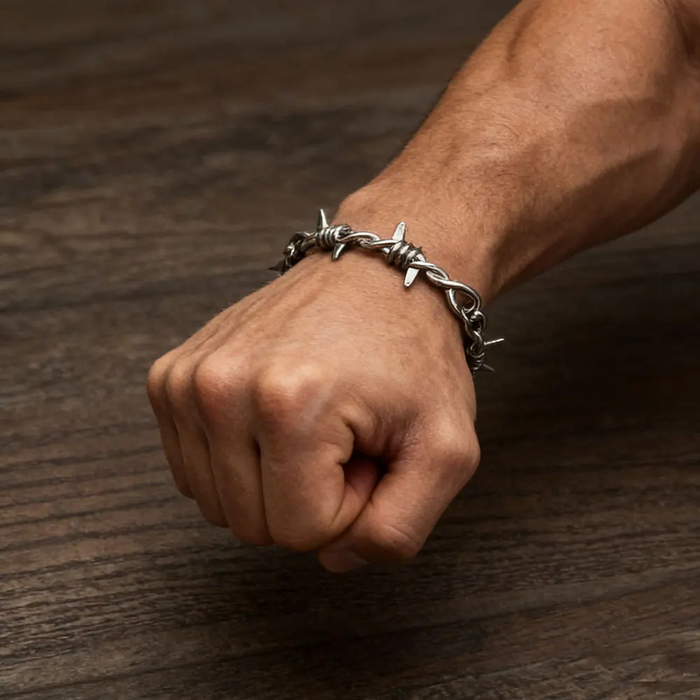 Pulseira Gótica de Arame Farpado para Homens e Mulheres, Pulseira Elo Cubano Ajustável Estilo Punk Emo, Joia