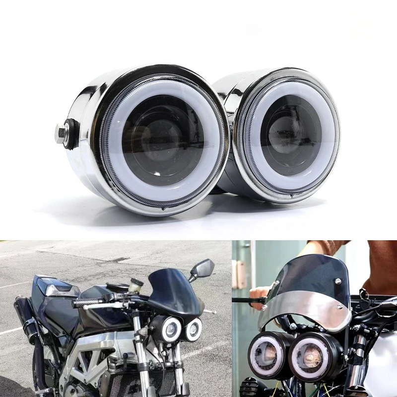 

Modified Motorcycle LED Double Eye Headlights Round Motor Electroplate Retro Angel Eye Headlamp