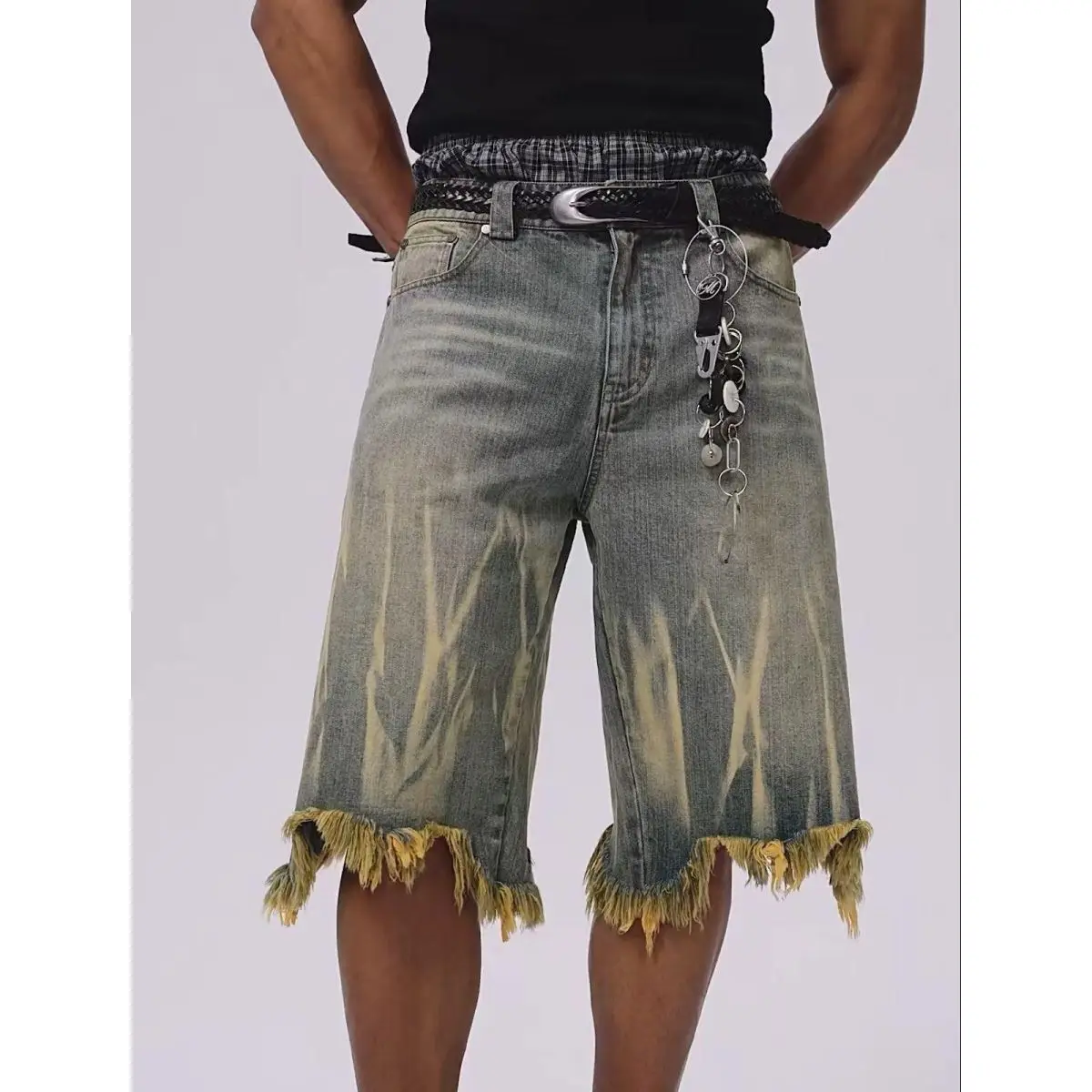 Summer Men's Edge Design Tie Dye Denim Shorts Vintage Casual Young Boy Wide Leg Bottom Male High Waist Mid-length Pants