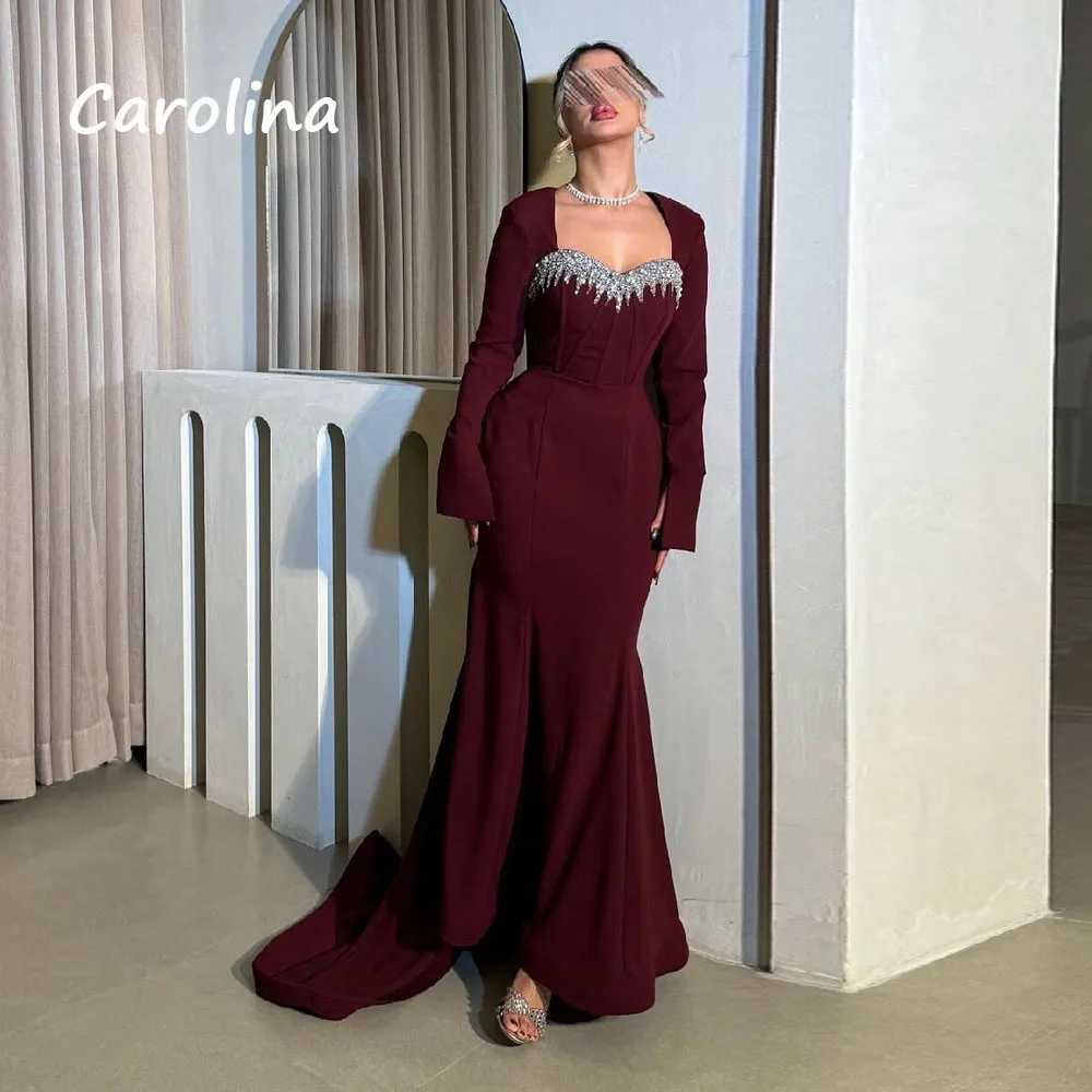 Carolina Burgundy Sweetheart beading Arabia elegant party dresses women 2024 Floor-Length Long Sleeves Evening Gown فساتين سهرة