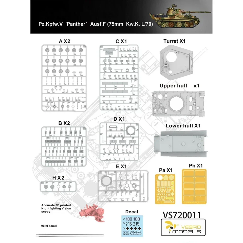 Vespid Model Kit VS720011 Panther F tank Kw.K. L/70 75mm gun 1/72