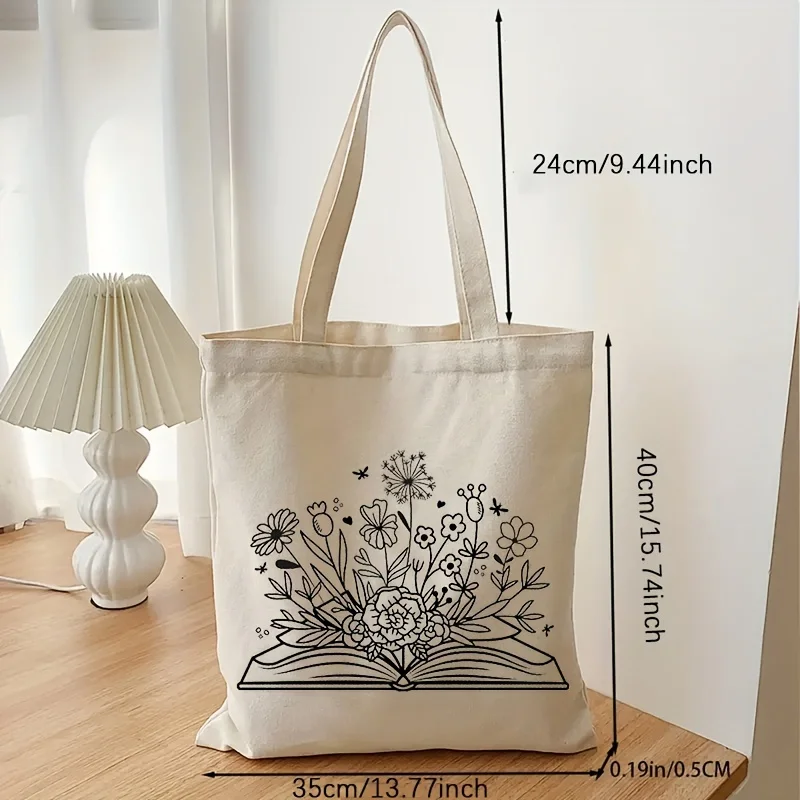 1 pc Book and Flower Pattern Canvas bagaglio Bag Book Lover Gift Shipping Bags Fashion Cute Tote Beach Eco Bag Gift for Her