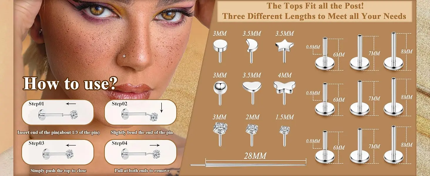 12 Pairs 316L Surgical Steel Flat Back Studs Hoop Earrings for Women Men CZ Stud Earrings Nose Stud Helix Piercing Jewelry