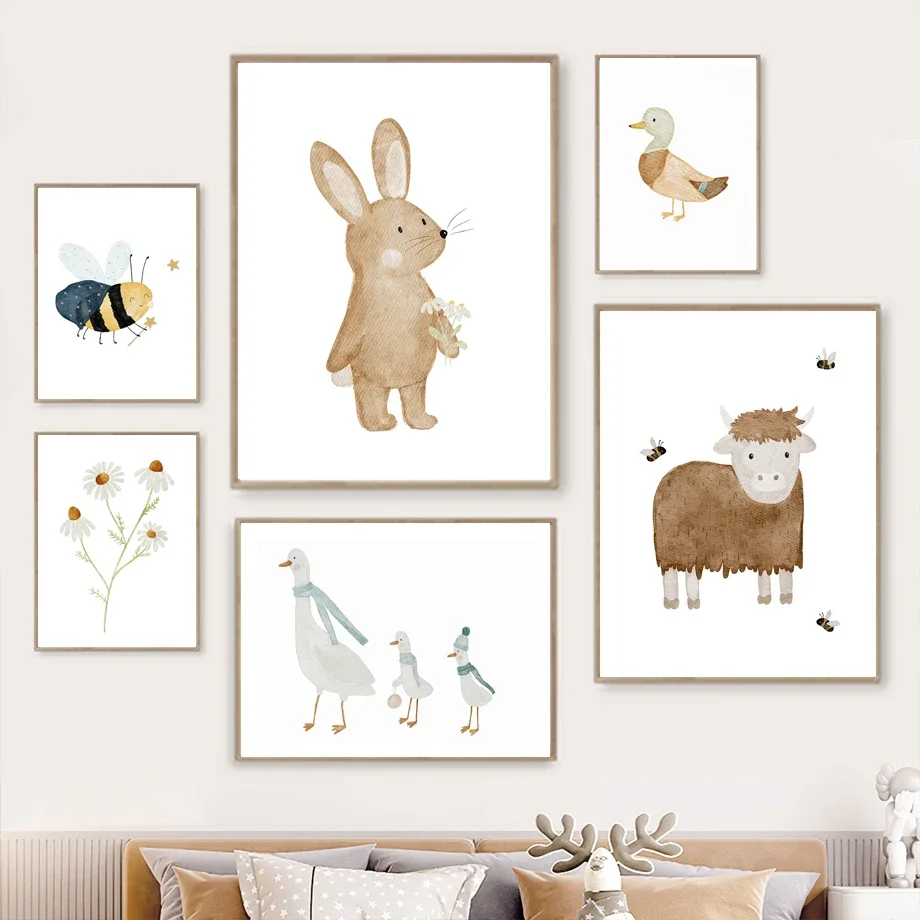 2026 Boho Rabbit Duck Bee Dog Goose Flower Rainbow Nursery Wall Art Children's Prints Poster Canvas Painting Pictures Kids Room 