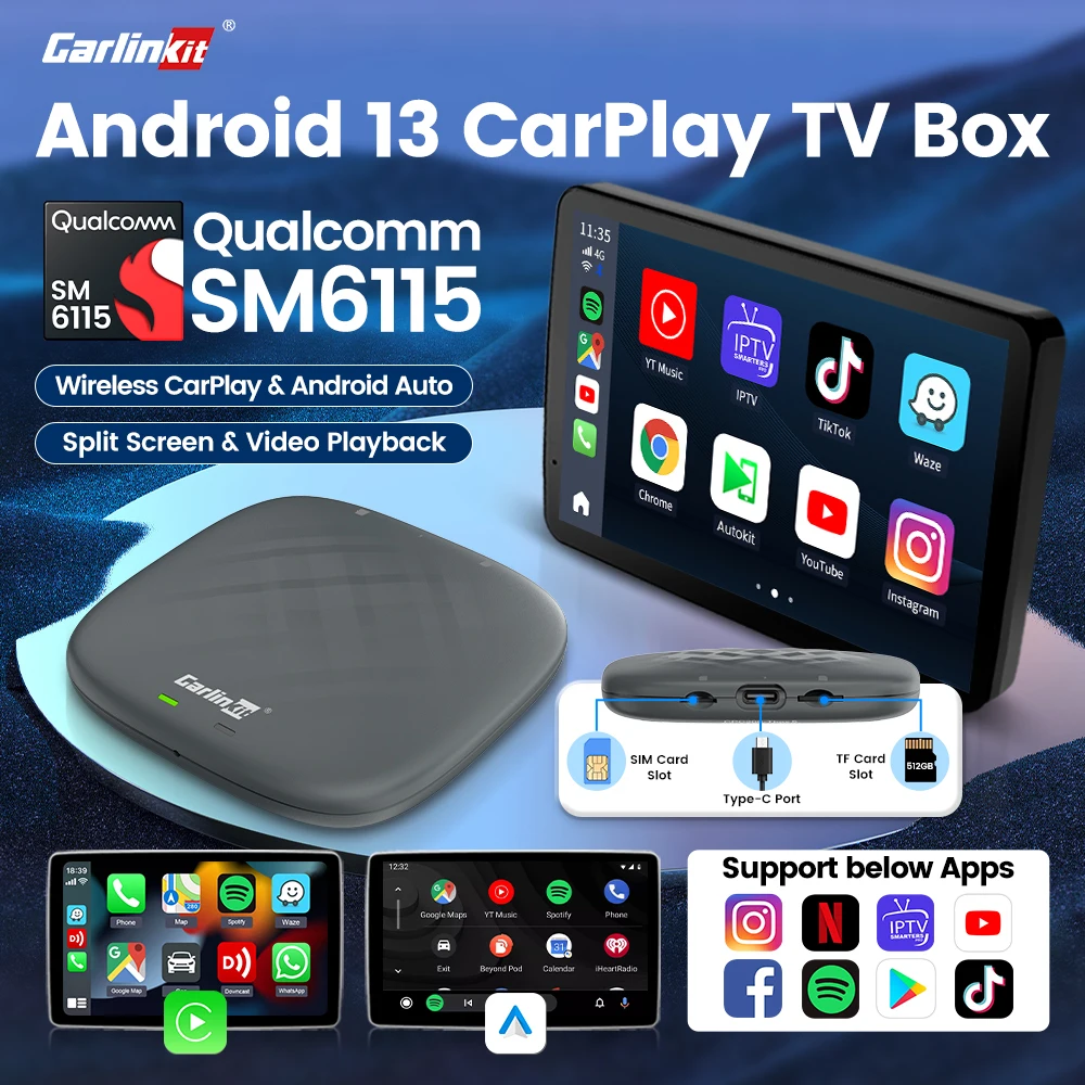 

2024 CarlinKit Smart CarPlay Ai Box Android 13 Поддержка Netflix YouTube сдвоенный экран беспроводной Android авто и CarPlay Smart TV Box