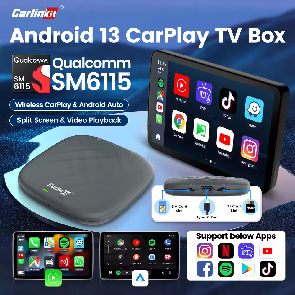 2026 CarlinKit Smart CarPlay Ai Box Android 13 compatible con Netflix YouTube pantalla dividida inalámbrica Android Auto y CarPlay Smart TV Box