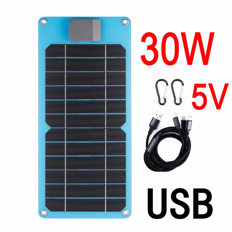 Blue 30W 5V Portable Solar Panel USB Charger Outdoor Hiking Camping Gear For Mobile Phone Power Bank