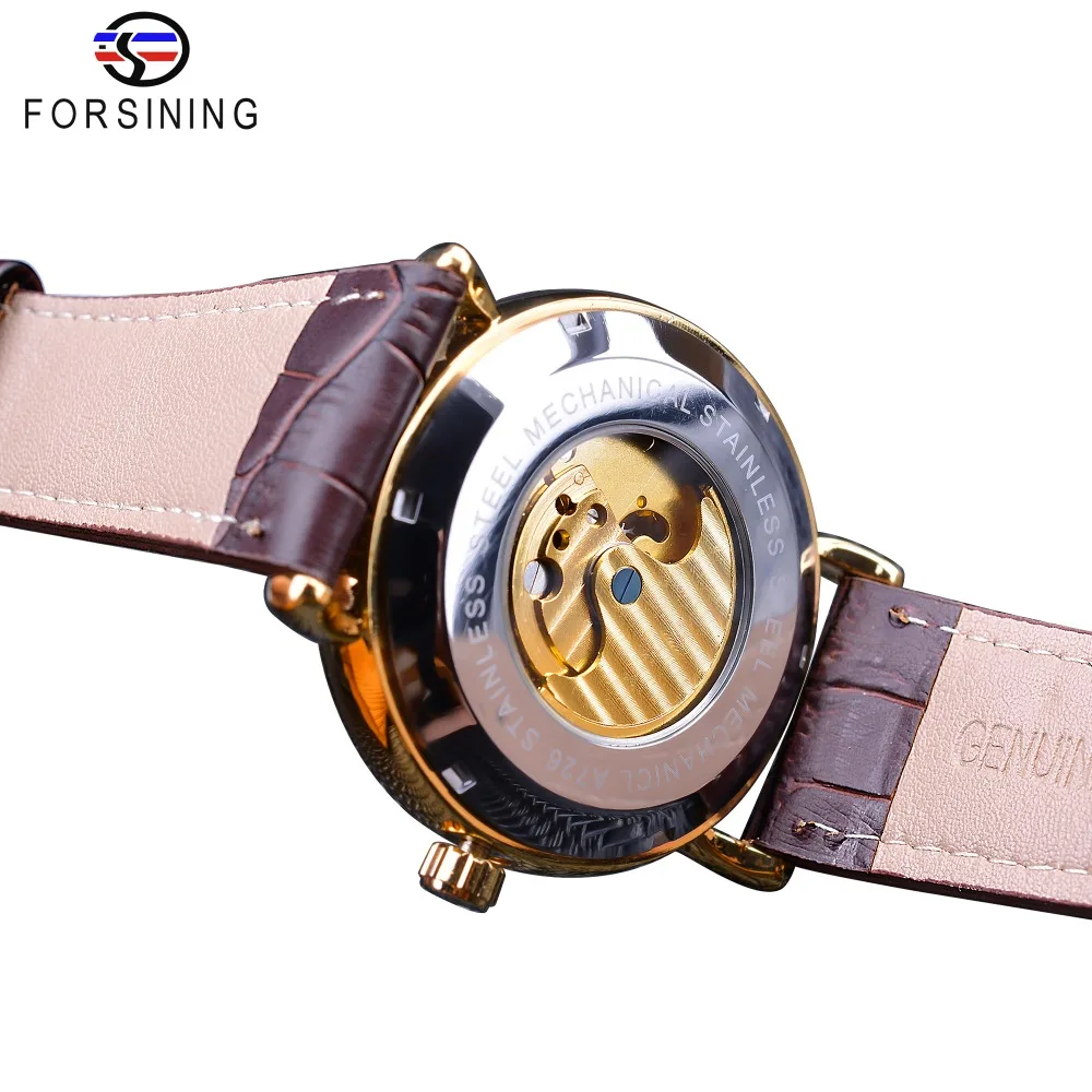 Fashion Forsining Top Brand Luxury Gold Brown Leather Moonphase Blue Hand Skeleton Waterproof Men Automatic Mechanical Watches