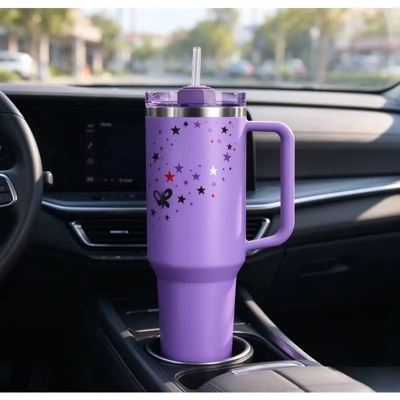 40oz Starry Insulated Tumbler with Handle & Straw Large Capacity Portable Car Water Cup