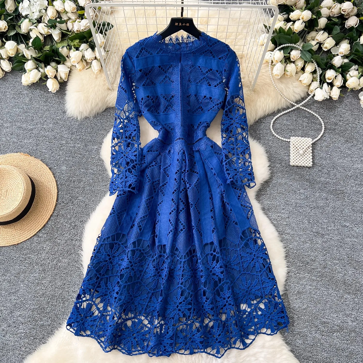 Elegant Women Stand Collar Blue Crochet Floral Hollow Out Midi Dress New Autumn Vintage Water Soluble Lace Spliced Party Vestido