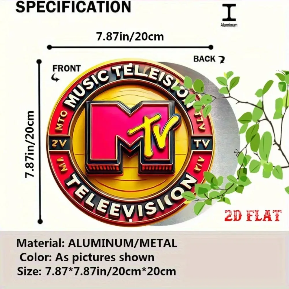 Vintage MTV Music Television Round Metal Sign, 2D Flat Print Retro 80s 90s Nostalgic Wall Art, Weatherproof Music Lover Home Bar
