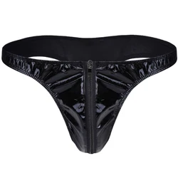 1pc Men's Panties T-back G-Strings Low Waist Imitation Leather Zip Up Bulge Pouch Briefs Thongs Sexy Male Underwear