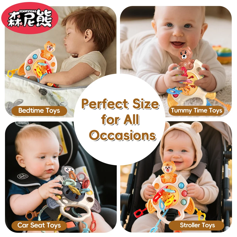 SENNIXIONG 5in1 Montessori Tandjes Baby Schattige Beer Tijger Ruimtevaarder Pull String Baby Zintuiglijke Ontwikkelen Rammelaars Speelgoed Voor Peuter