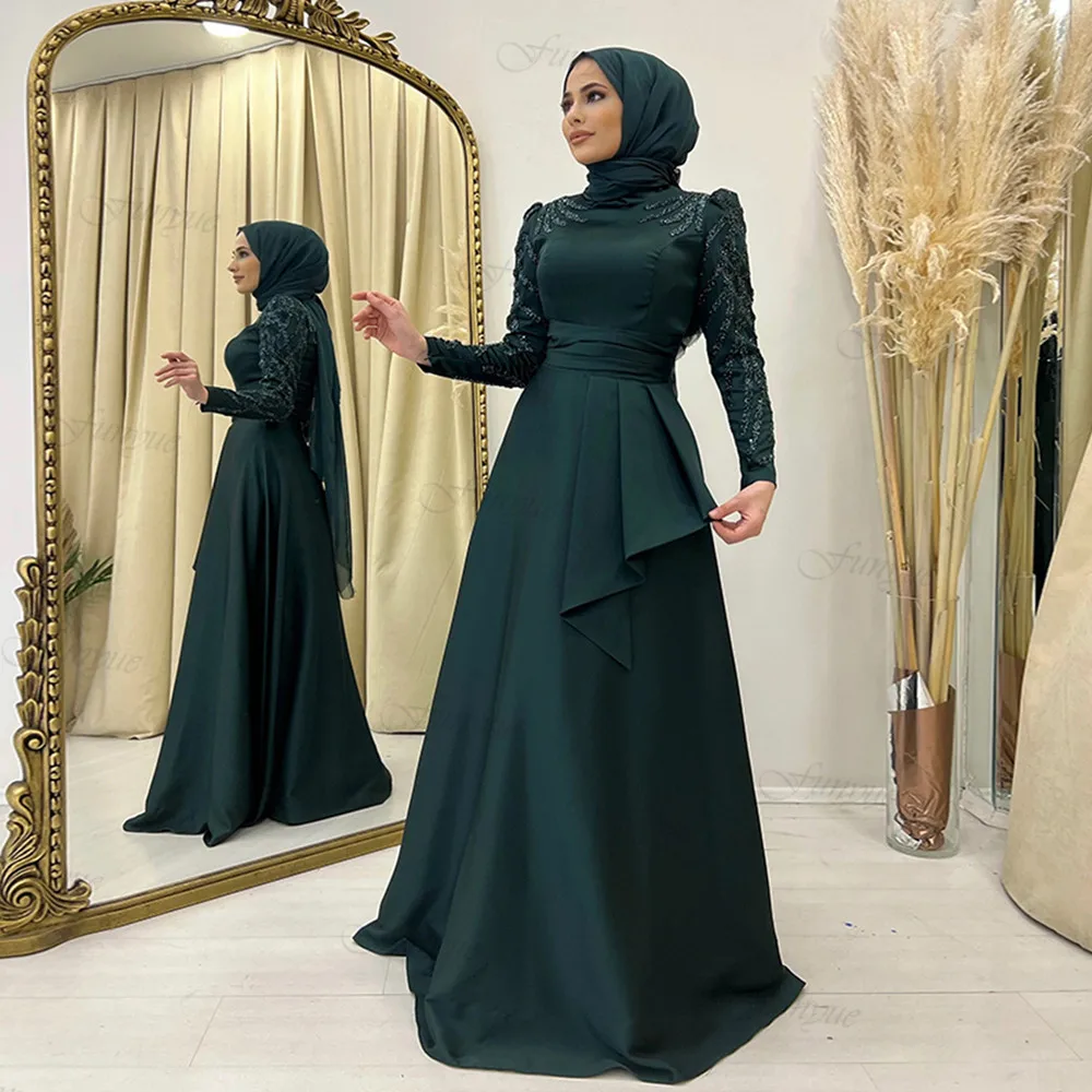 

Dark Green Muslim Evening Dresses High Neck Robe De Soiree Satin Beaded A Line Long Sleeve Hijab Formal Dress Dubai 2024