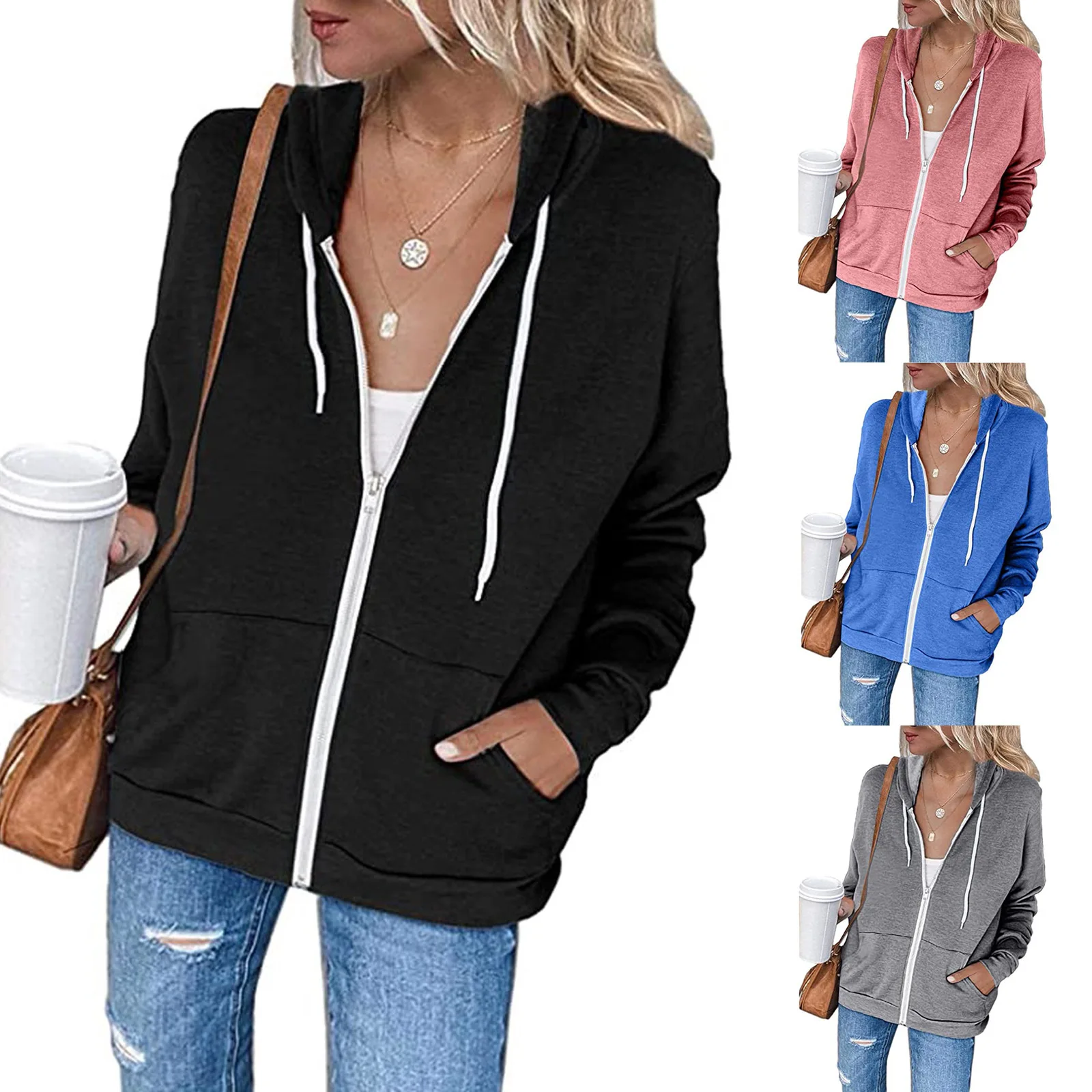 Hoodies women 2026 casual solid-color long-sleeved pocket drawstring hooded zipper women's cardigan women's clothing