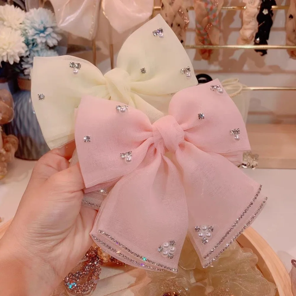 

Korean Ribbon Bow Hair Clips for Women Rhinestones Pearl Haipins Sweet Elegant Headpiece Barrettes Girls Hair Accessories