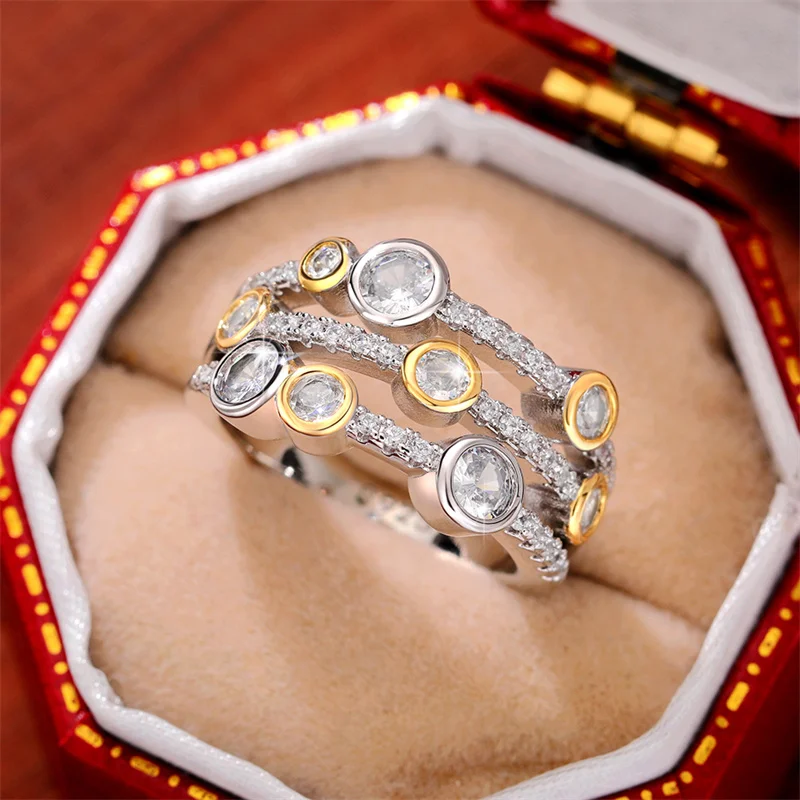 Women's Fully Inlaid Sparkling Female Wedding Ring Modern Fashion New Jewelry Personalized Two-Tone Three-Row Ring