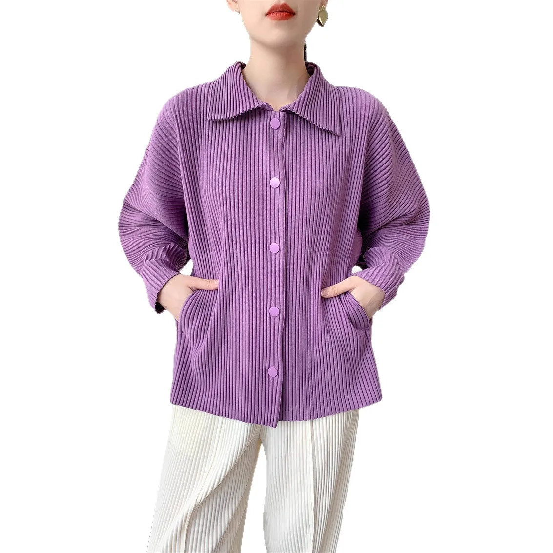 ミヤカスタイルビッグつまようじプリーツジャケット レディース 長袖 初秋新作 ルーズカジュアルカーディガン デザイナートップス