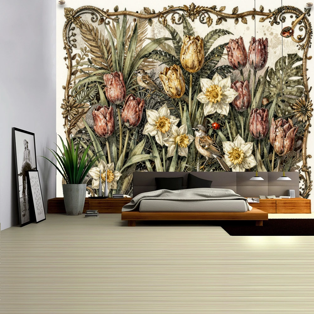 Tulip And Insect Bird Printed Tapestry Wall Hanging Simple Art Bohemian Style Living Room Bedroom Home Decor