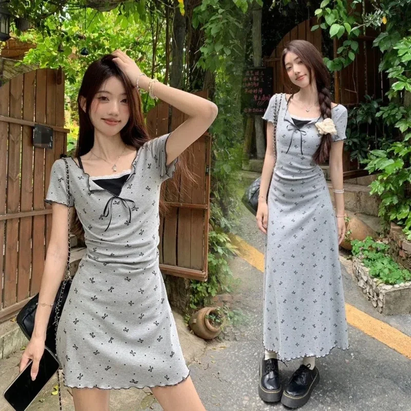 

Fake Two Pieces Bow Print Short Sleeve Mini Dress Summer Slim Temperament Lace A-line Long Skirt Korean Women Clothing S754