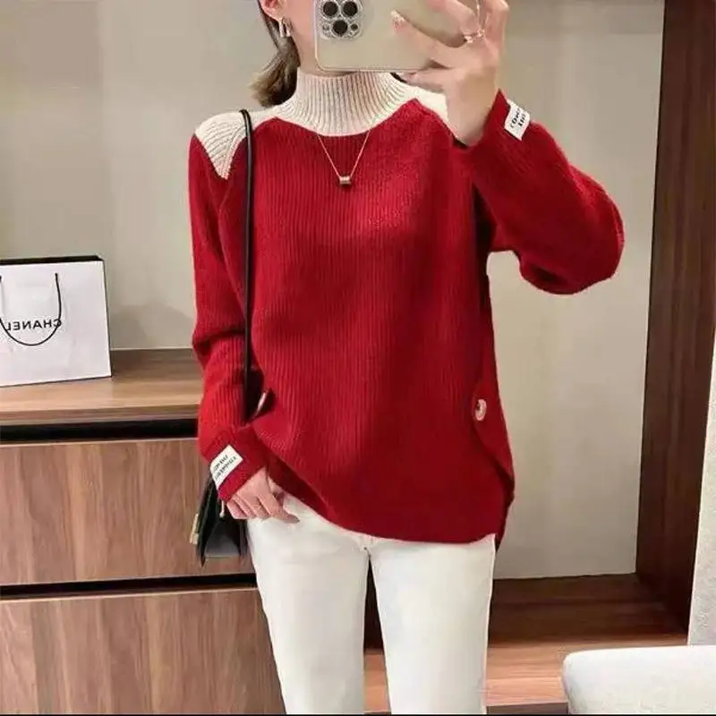 

Stylish Streetwear Half High Collar Sweaters Autumn Winter All-match Solid Color Female Chic Patchwork Button Knitted Jumpers