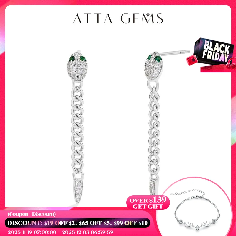 

ATTAGEMS Original Green Eyes Snake Drop Earrings For Women Moissanite Diamond Earring S925 Sterling Silver Party Wedding Jewelry