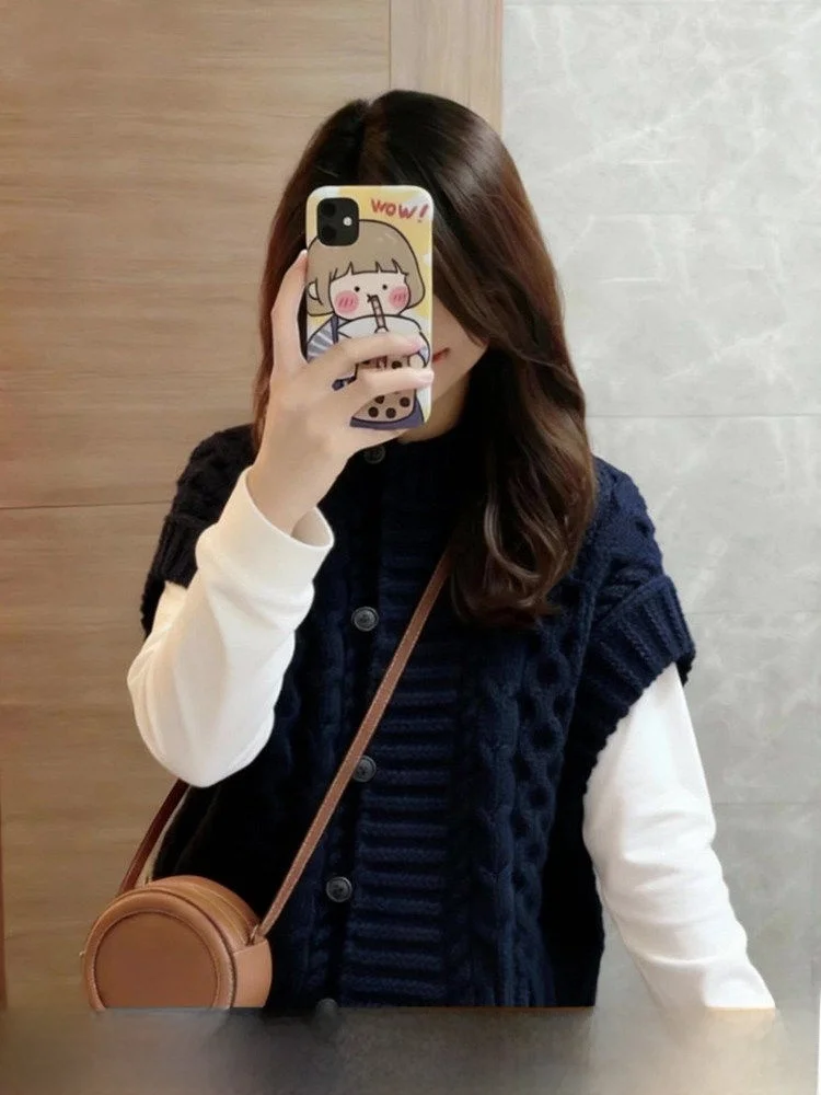 

Blue Denim Knitted Vest Women's round Ne Svel Top Button Design Spring Autumn Commute Casual Faion Layering Sense