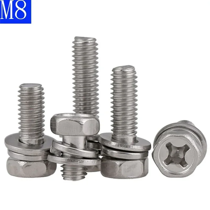 M8 - 1.25  8mm 304 stainless steel Cross Recessed Hex Bolt Indentation,Lock Washer &Plain Washer Assemblies