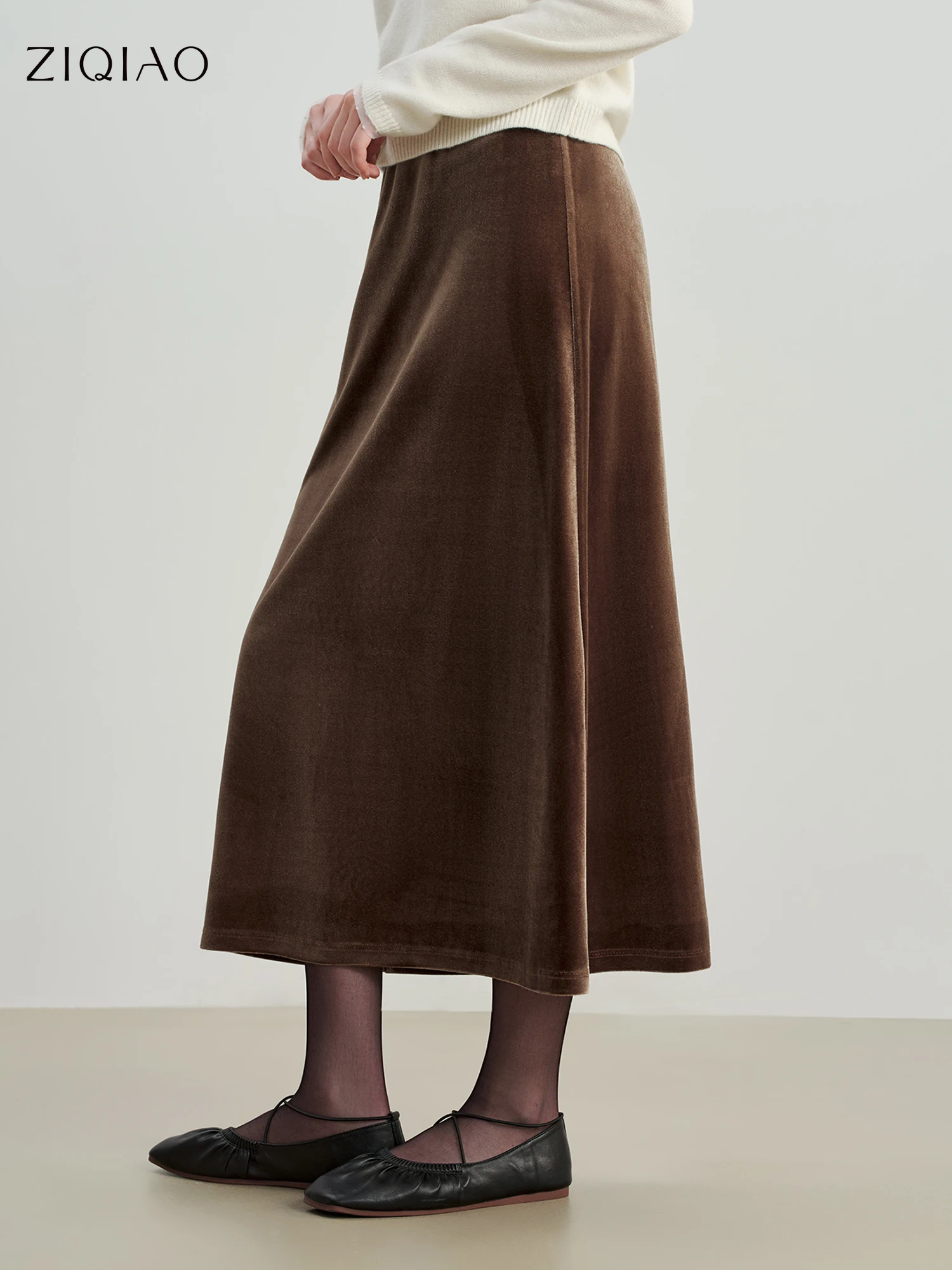 ZIQIAO French Style Black Velvet A-Line Midi Skirt for Women 2025 Autumn Winter New High-End Sense Long Hem Semi-Skirt Elegant