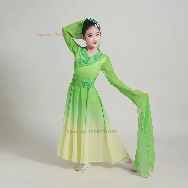 2024 traditional chinese children folk dance costume gradient color flower embroidery hanfu dress retro stage performance dress