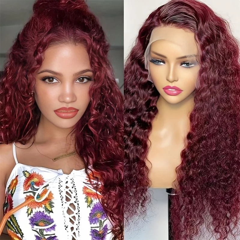 

250 Density 30 40 Inch 99J Burgundy Deep Wave 13x4 Lace Front Human Hair Wig 13x6 Lace Frontal Red Curly Wigs Remy For Women