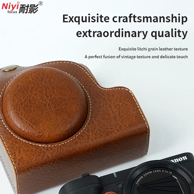 For Canon Powershot V1 R50V Camera Bag Lychee Pattern Retro Leather Base with Detachable Shoulder Strap Body Base Protector