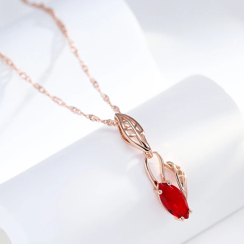 Kinel Luxury Red Natural Zircon Pendant Necklace For Women 585 Rose Gold Color Vintage Flower Wedding Party Fine Daily Jewelry