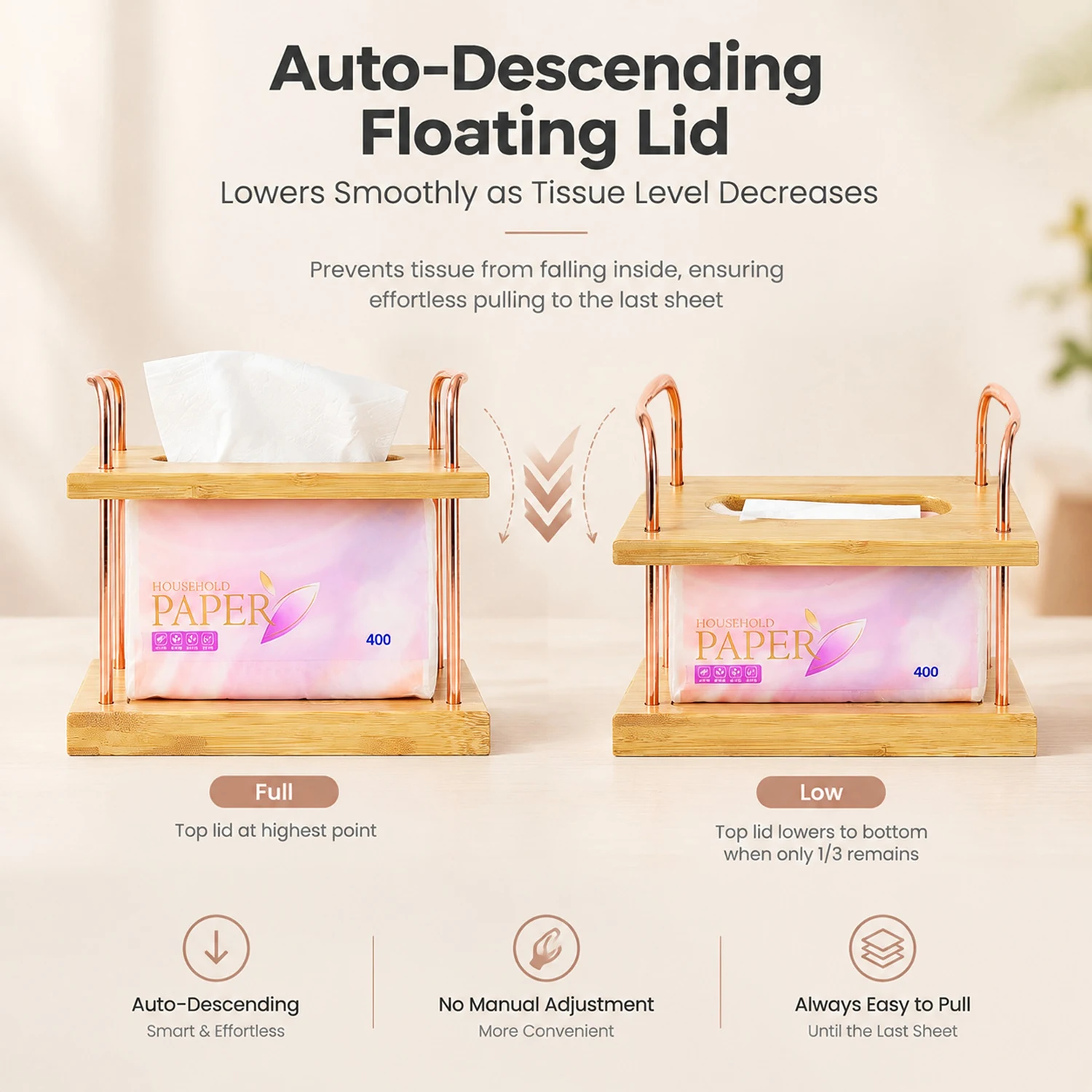 Floating Tissue Box Bamboo Tissue Box Cover Artistic Napkin Holder Tissue Dispenser for Home Hotel Restaurant Tabletop Organizer